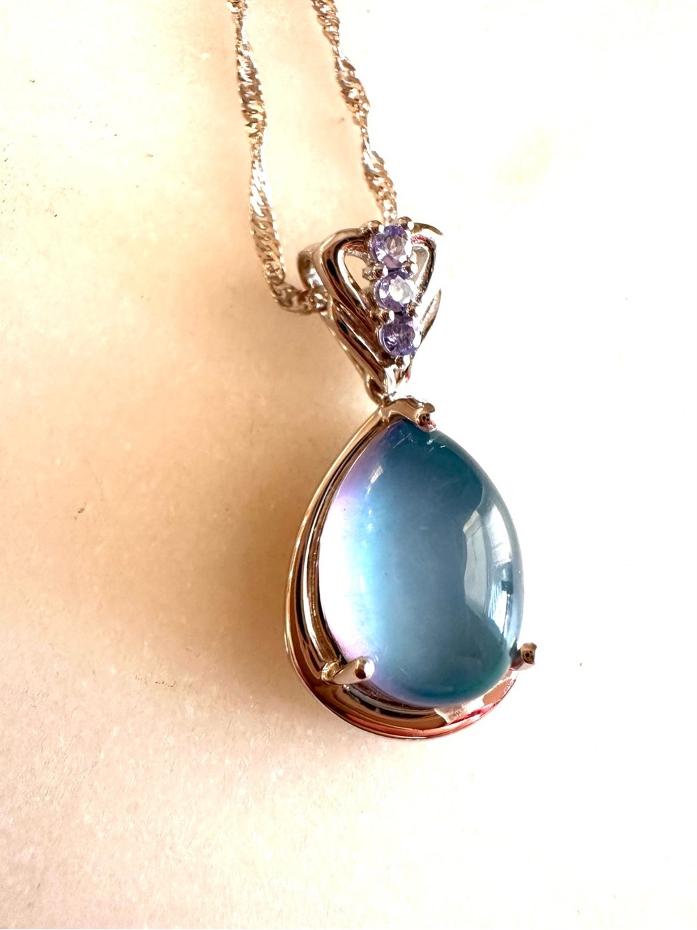 Aurora Moonstone with Blue Tanzanite Sterling Silver Pendant with Chain Necklace - Picture 14 of 16